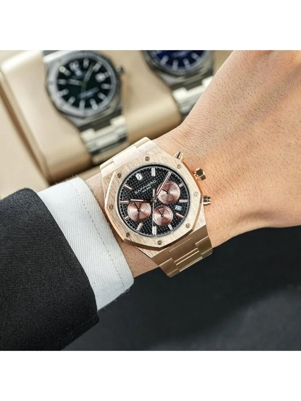 Men's Rose Black Chronograph Quartz Movement Stainless Steel Luxury Wrist Watch